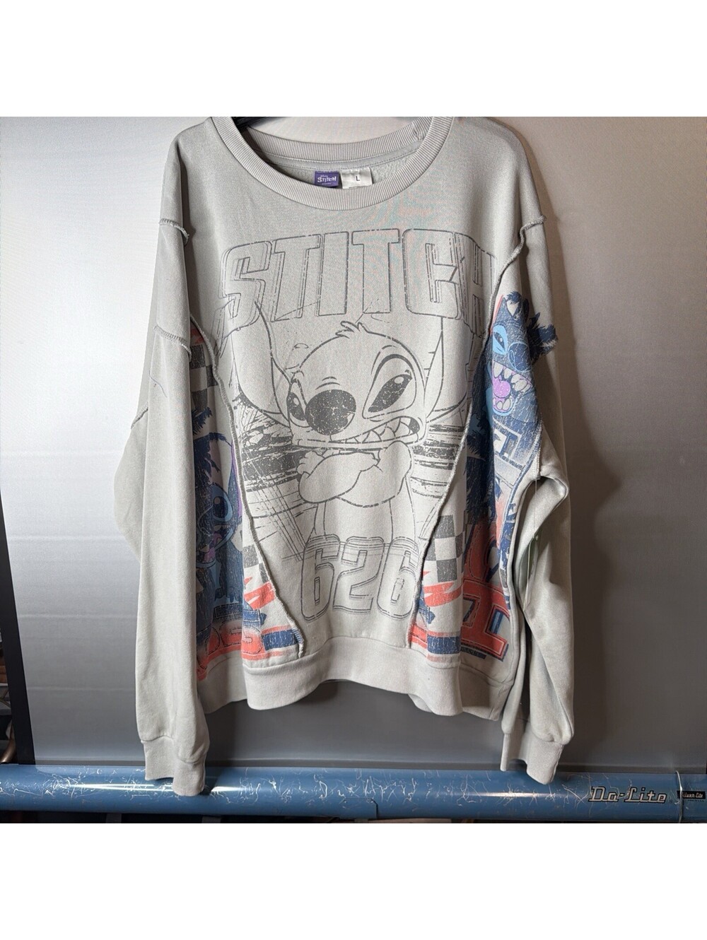 Disney Stitch Cool Gray Patchwork Crewneck Sweatshirt Large NWT